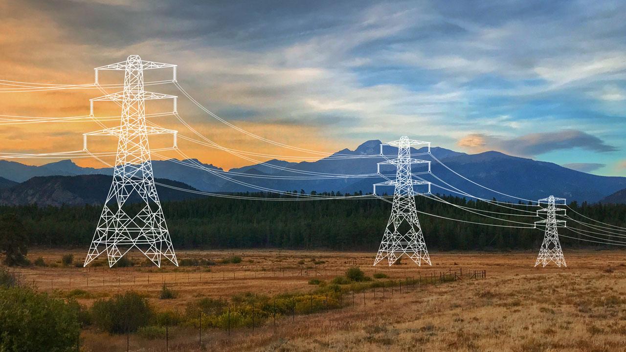 White line drawing of transmission lines and towers over a mountainous landscape