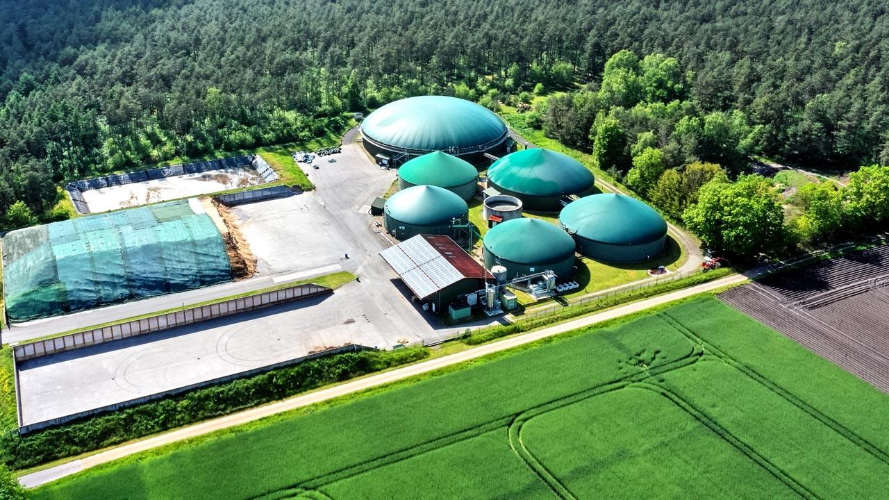 Anaerobic digestion facility for conversion of organic waste to beneficial products with surrounding trees and fields