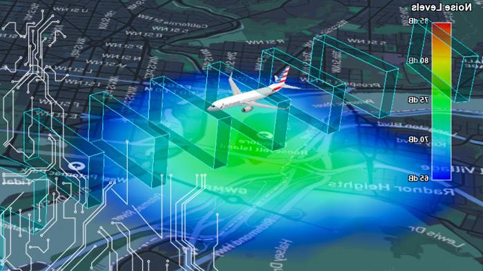 一个飞机和蓝色的飞行路径可视化创建使用Volans与电路图像覆盖